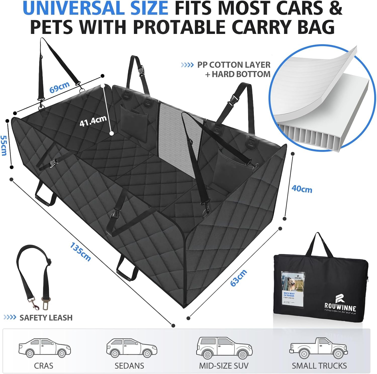 Back Seat Extender for Dogs - Large Space Car Seat Cover with Hard Bottom, Sturdy Hammock Supporting 181Kg, Easy to Install for Cars, Trucks, Suvs - Black