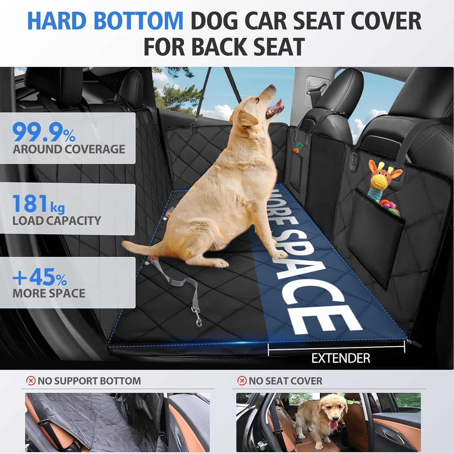 Back Seat Extender for Dogs - Large Space Car Seat Cover with Hard Bottom, Sturdy Hammock Supporting 181Kg, Easy to Install for Cars, Trucks, Suvs - Black
